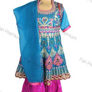 Girls Zardozi Embroidered Blue/Pink Frock Gharara Dress Pakistani/Indian Age 7-9